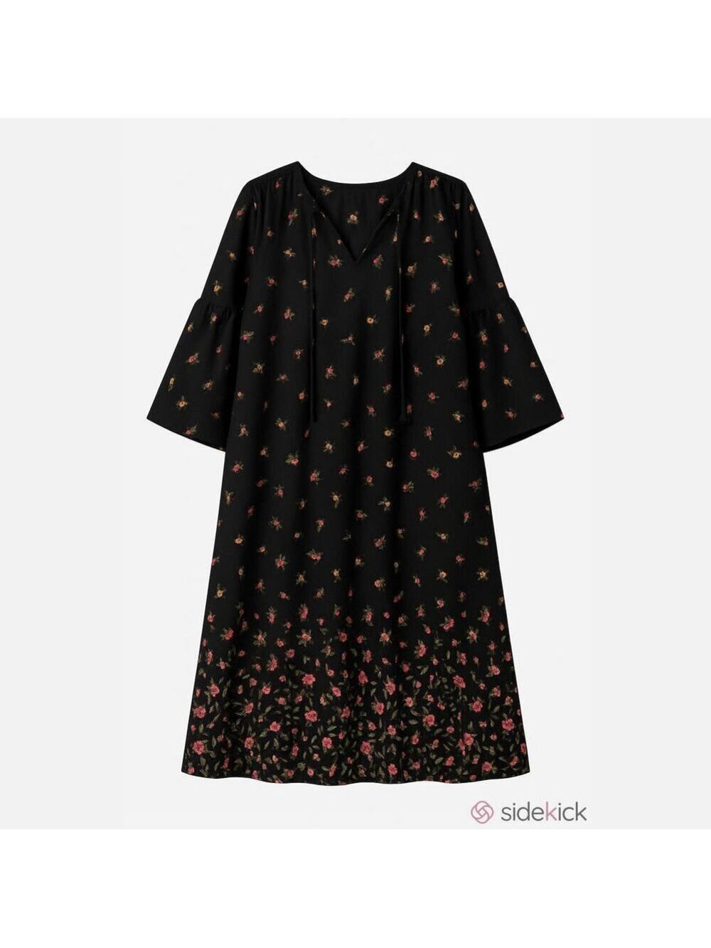 Old Navy Black Floral Shift Dress 3/4 Bell Sleeve Tie Neck Boho Mini Large